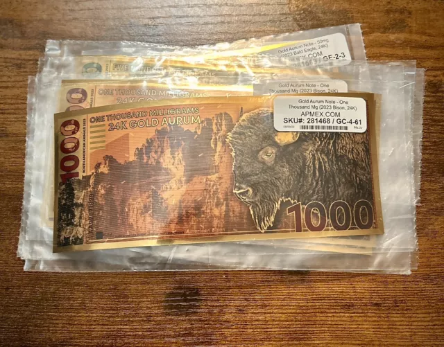 Gold Aurum Note - One Thousand Mg (2023 Bison, 24K) in APMEX Sleeve / Largest!!