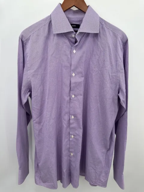 Hugo Boss Button Up Shirt Adult 16.5 34 35 Purple Black Plaid Sharp Fit Mens T94