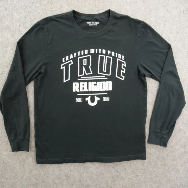 True Religion Shirt Mens Medium Black Long Sleeve Graphic Print Logo Crew Neck