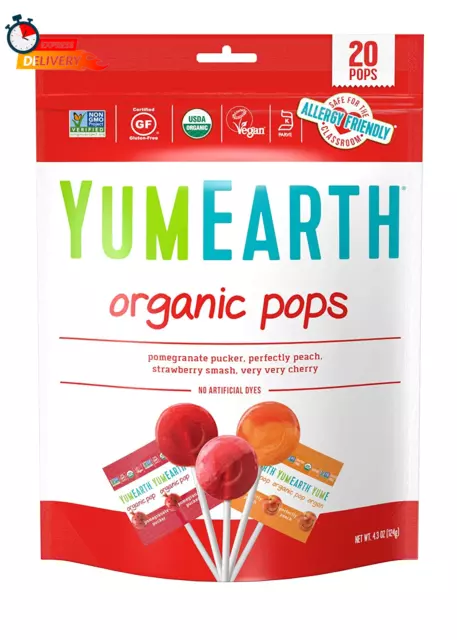 Organic Lollipops, Assorted Flavors, 4.3 Ounce, 20 Lollipops - Allergy Friendly,