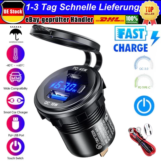 12V/24V Auto Ladegerät 45W PD Type C & 18W QC 3.0 USB mit LED Digital Voltmeter