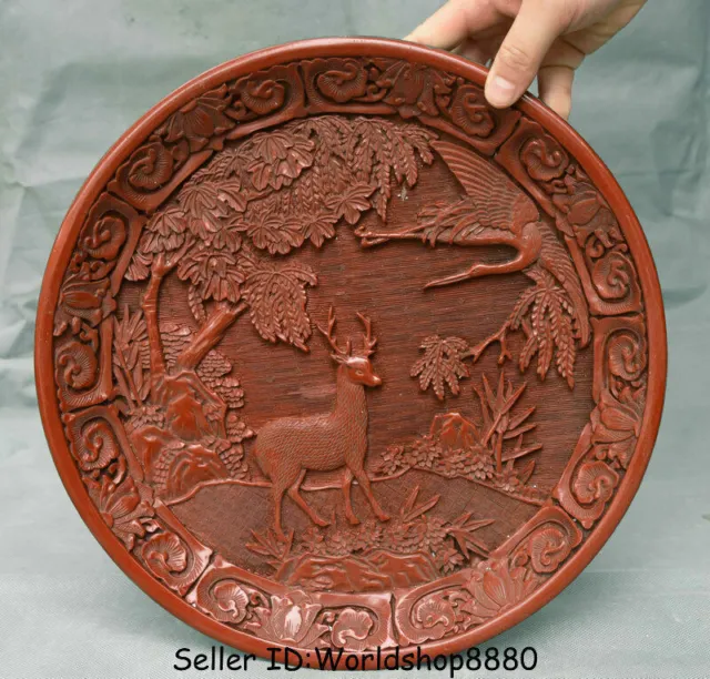 12" Qianlong Marked Old China Dynasty Red Lacquerware Deer Crane Bird Plate Tary