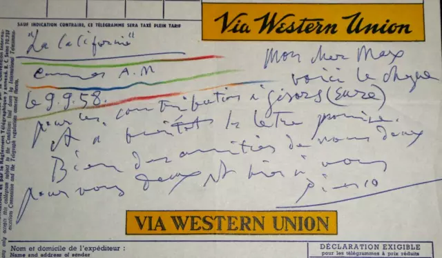 Pablo Picasso Lettre Autographe Signee Au Banquier Et Mecene Max Pellequer 1958