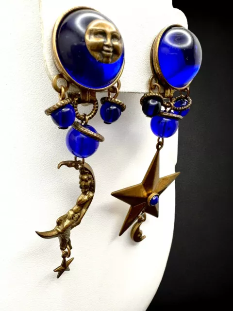 Vintage Cobal Blue Cabochon Moon Star Dangle Brass Art Nouveau Clip On Earrings 3