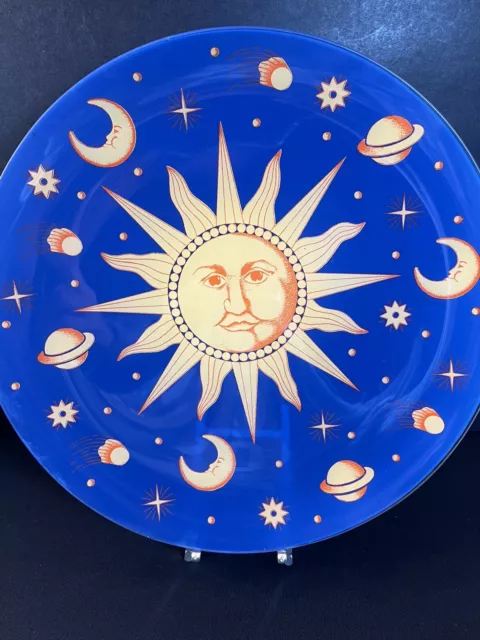 Sun Moon Stars Art Glass Large Plate Celestial Indigo Blue