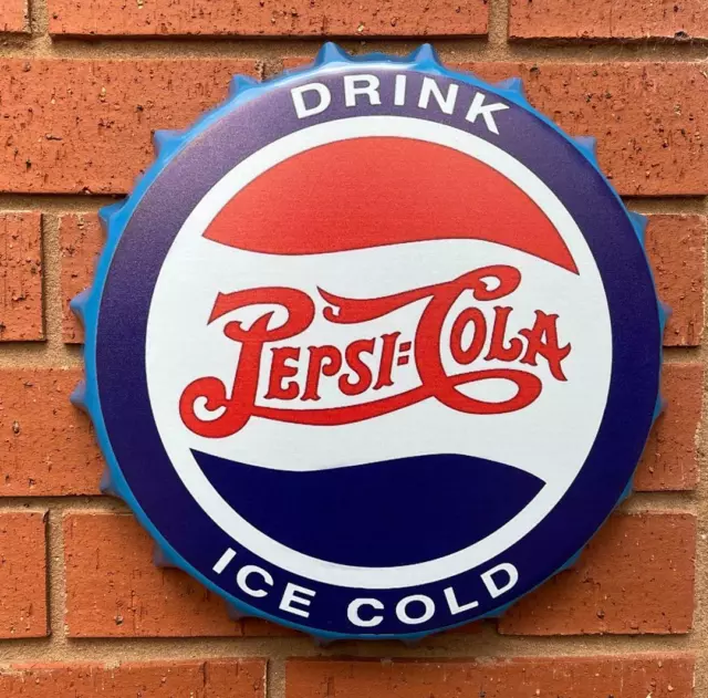 PEPSI COLA ICE COLD DRINK METAL BOTTLE TOP WALL SIGN 30cm VINTAGE RETRO MAN CAVE