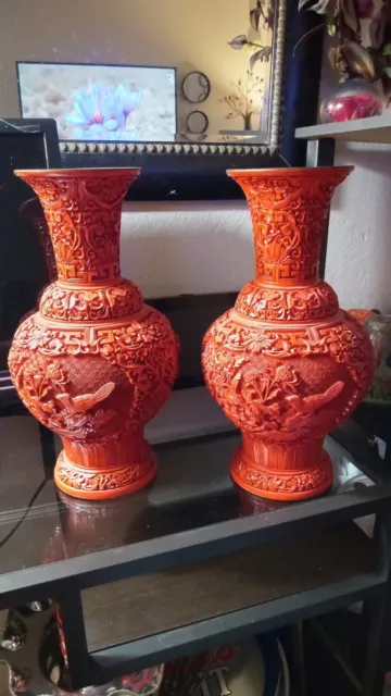 Pair Vintage Chinese Carved Cinnabar Lacquer Vases 12 Inch Red With Brass Edging