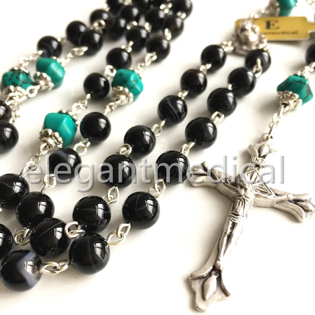 Black Natural Agate & Turquoise Beads CRUCIFIX CATHOLIC ROSARY NECKLACE CROSS