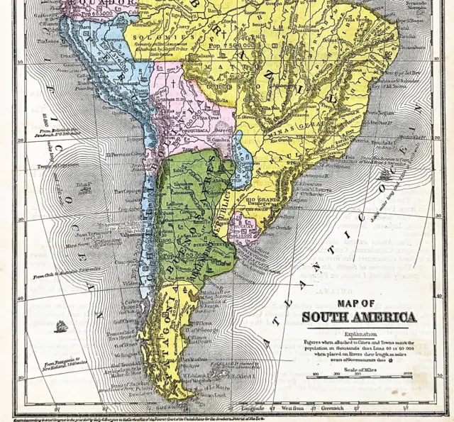 1847 South America Map ORIGINAL Brazil Argentina Patagonia Chili Granada Peru