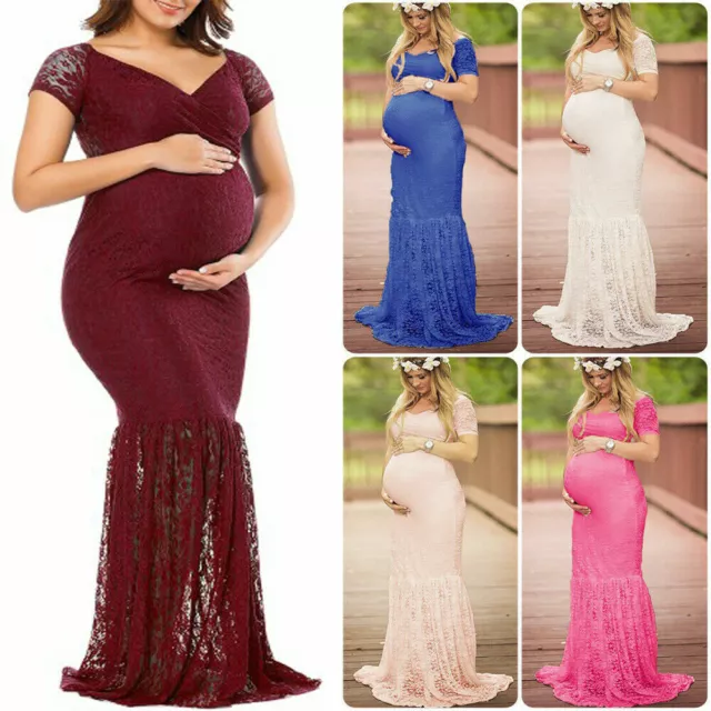 Women Pregnant Chic Lace Maxi Dress Photography Props Gown Party Maternity Prom