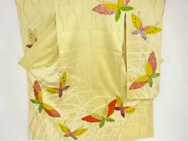 82322# Japanese Kimono / Antique Furisode / Embroidery / Butterfly
