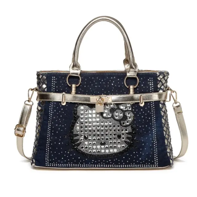 Women's Hello Kitty Denim Shoulder Bag Rhinestones Luxury Handbag Tote Crossbody