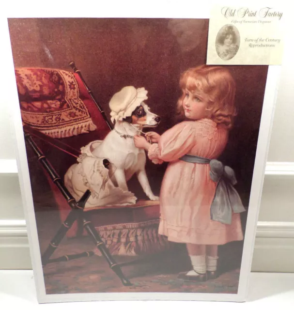 Victorian Lithograph Print Picture "Just Like Grandma" Girl Child And Dog  12X16