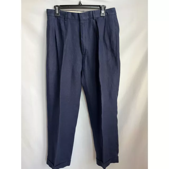 Polo Ralph Lauren Vintage Mens 100% Linen Navy Blue Pants Trousers 33x36 Pleated
