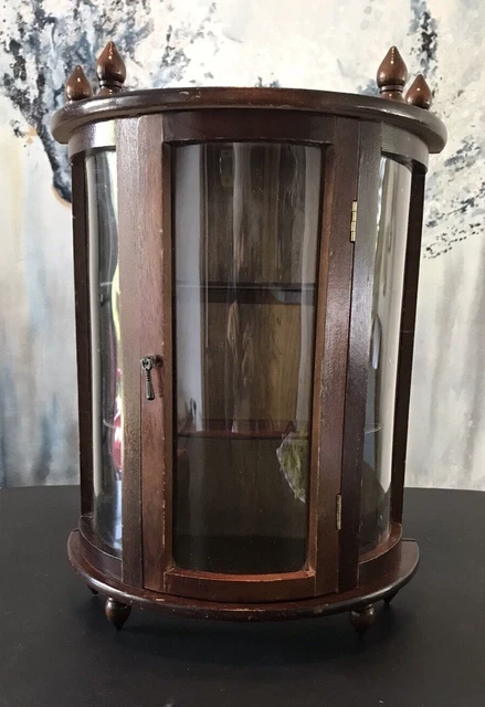 Vtg Curved Glass Wood Curio Display Cabinet Table Top Wall Miniatures 16x11.5”
