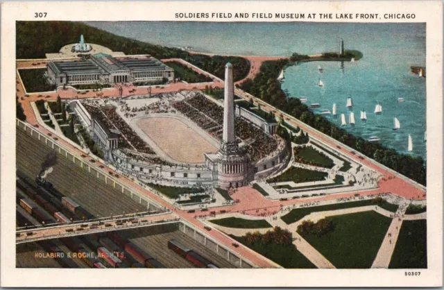 c1930s CHICAGO Illinois Postcard "SOLDIERS FIELD and Field Museum" Bears