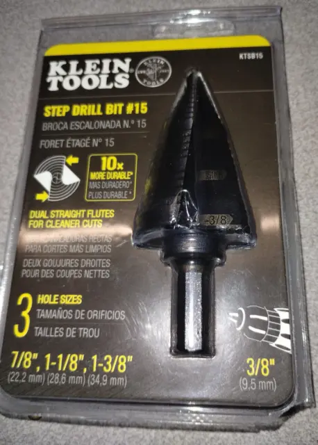 NEW Klein Tools KTSB15 Double-Fluted 3/8-Inch 3-Hole Step Drill Bit