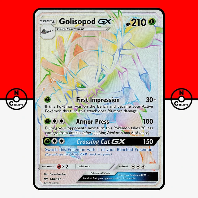 Pokemon Golisopod GX Rainbow Hyper Rare Burning Shadows 148/147 LP-NM