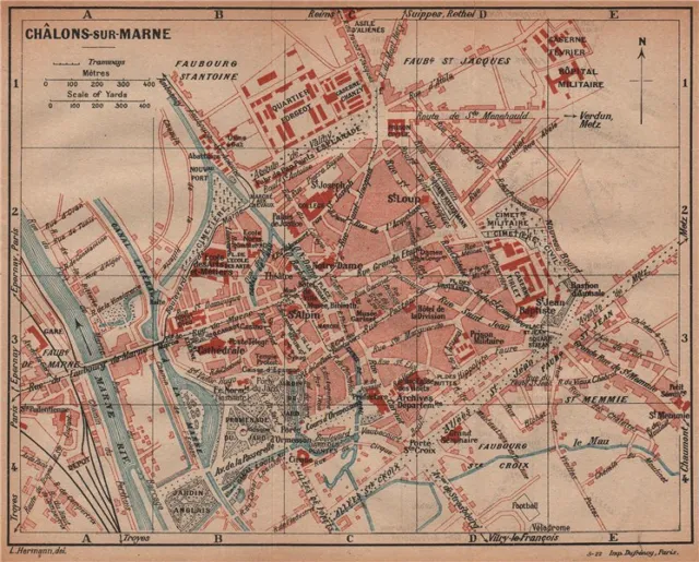 CHÂLONS-SUR-MARNE. Vintage town city ville map plan carte. Chalons. France 1922