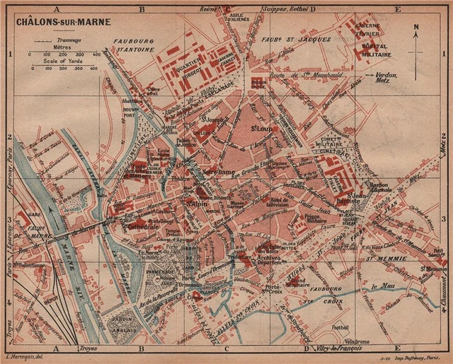 CHÂLONS-SUR-MARNE. Vintage town city ville map plan carte. Chalons. France 1922