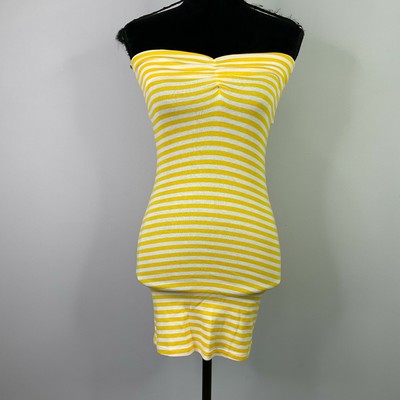 Zara TRF Womens Small Mini Dress Summer Beach Strapless Yellow White Striped 