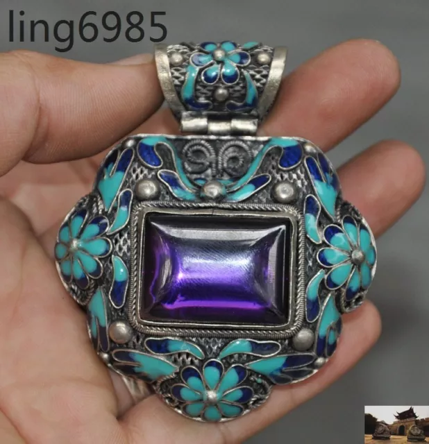 China Tibetan silver Filigree Cloisonne Inlay gem flower Amulet periapt Pendant