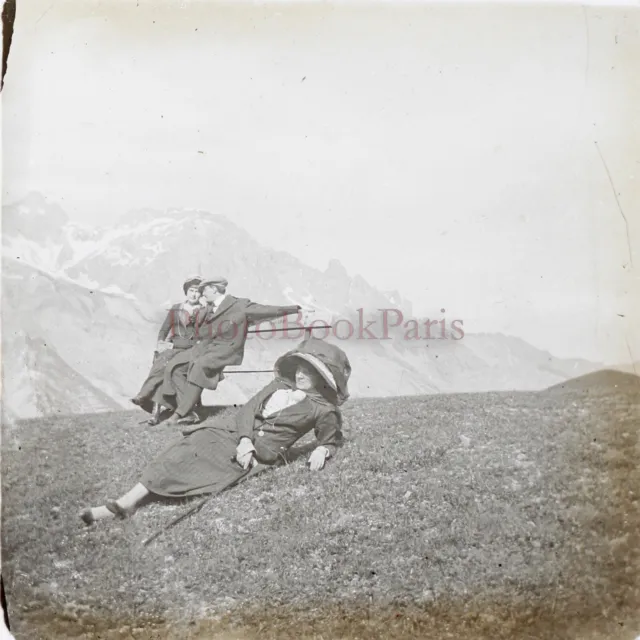 FRANCE Famille Montagne Mode 1910 Photo Stereo Plaque de verre V26L16n9