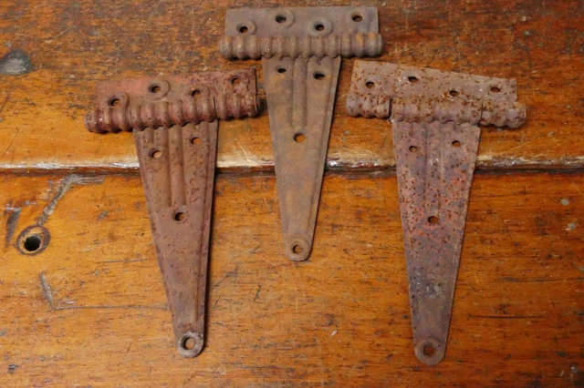 3) Antique Vintage Barn Door Shed Cabin Strap T Salvaged Hinges Rusty Patina 10”