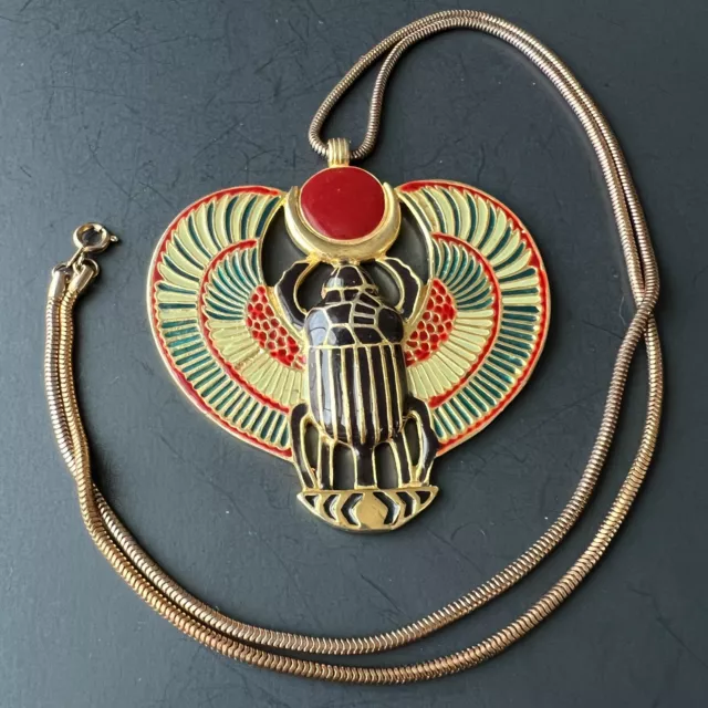 Vintage Egyptian Revival Winged Scarab Beetle Enamel Gold Tone Necklace A784