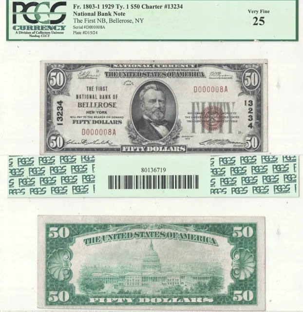 1929 $50 FIRST National Bank Of Bellerose, New York, Serial #8 PCGS VF ...