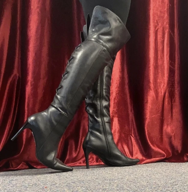 VINTAGE BLACK LEATHER Rear Thigh High Over Knee Heel Boots UK 4 EU 37 ...