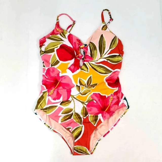 Beach Betty Womens XL One Piece Swimsuit Pink Floral Tropical Plunge V Neck New