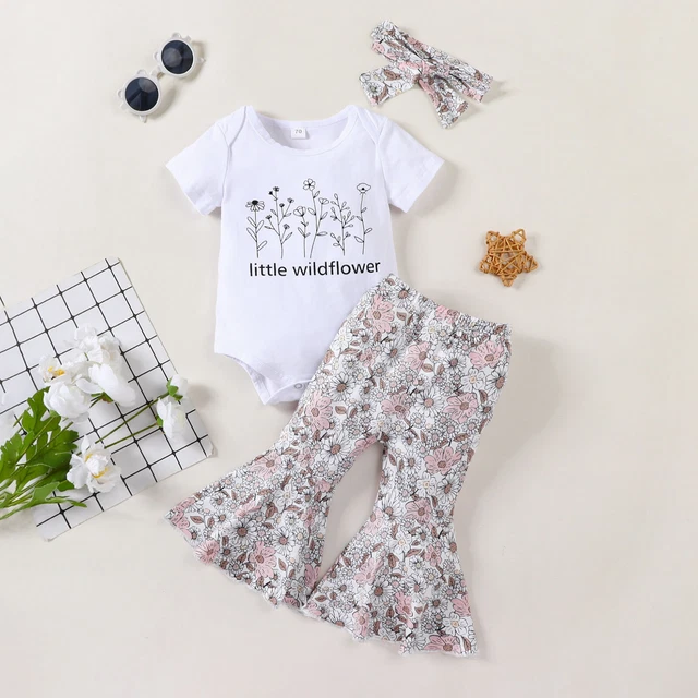 Infant Girls Short Sleeve Letter Romper Bodysuit Floral Prints Bell Bottoms