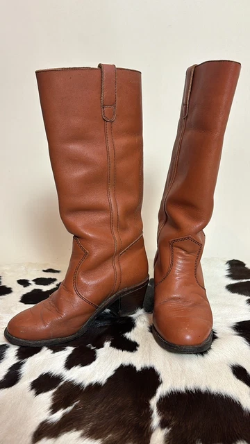 VINTAGE 70S TAN Leather Knee High Boots Campus Style Western £55.00 ...