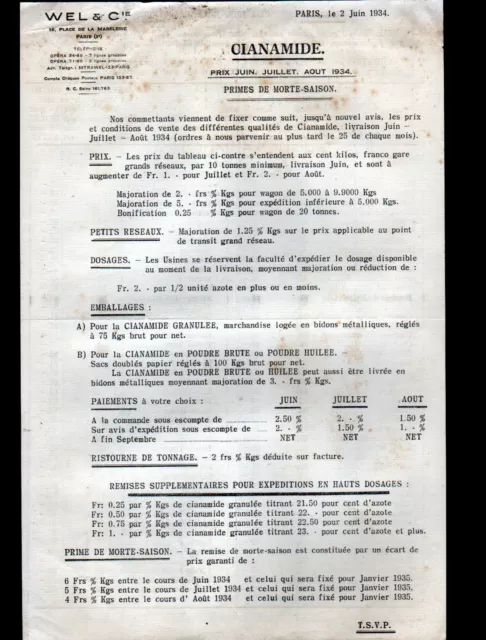 PARIS (VIII°) PRODUITS CHIMIQUES / CIANAMIDE "WEL & Cie" TARIFS en 1934