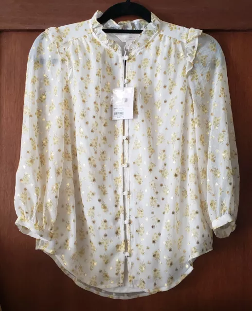 NWT LC Lauren Conrad button front ruffle blouse white yellow size XS