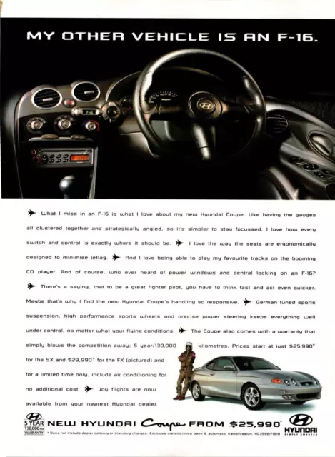 Hyundai Tiburon RD2 Coupe My Other Vehicle Is An F-16. Vintage A4 Print Ad 1999