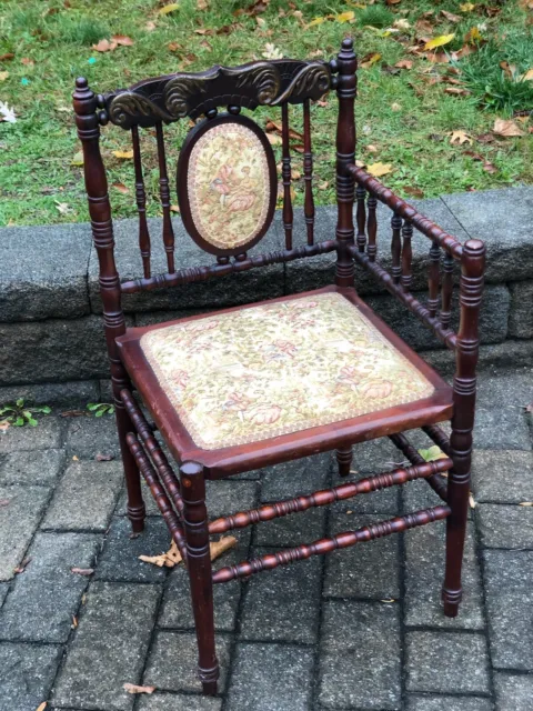 Antique Victorian Bobbin Turned Needlepoint Corner Chair Fabric Medallion / Seat