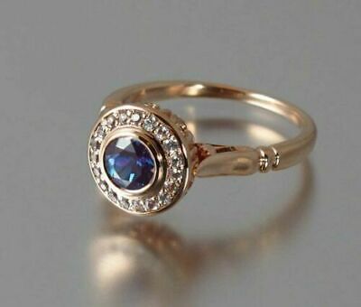 1Ct Round Cut Blue Sapphire Bezel Unique Engagement Ring 14K Rose Gold Finish