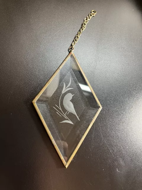 Vintage Antique Etched Bird Beveled Glass  Pendent Sun Catcher Lead Frame