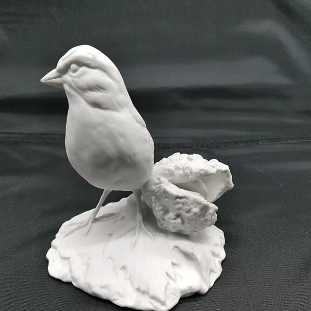 White Bisque Porcelain Bird Figurine Sparrow and Beech Nut Signed by Artist