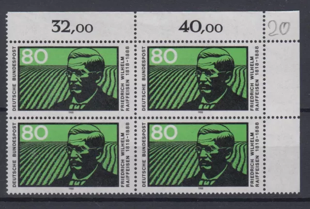 Bund 1358 Eckrand rechts oben 4er Block Friedrich W. Raiffeisen 80 Pf postfrisch