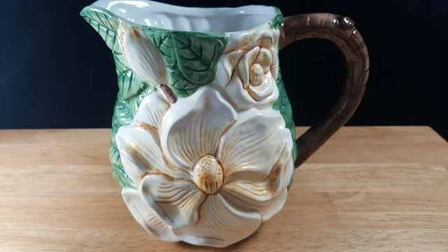 Magnolia Yellow Flower Art Pottery PITCHER Wangs Int 5 7/8 " Embossed Majolica