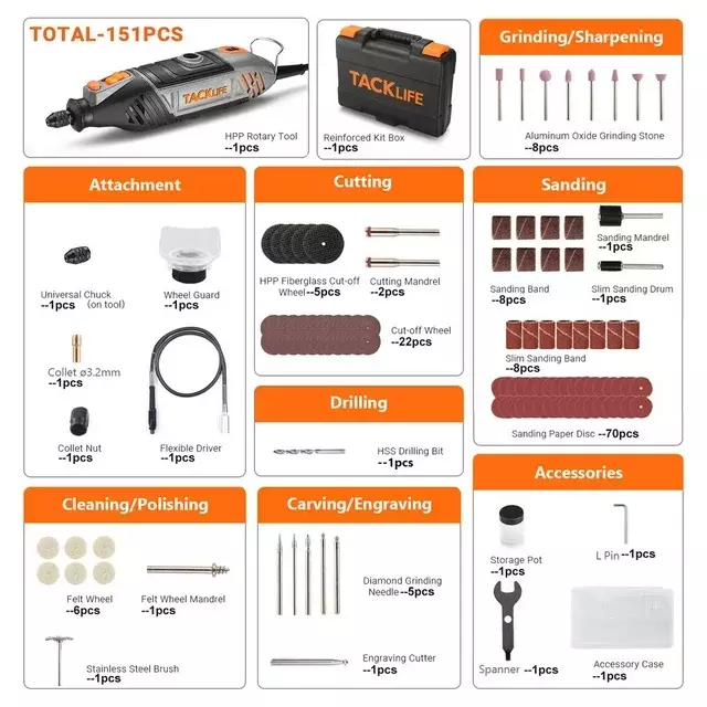 TACKLIFE Rotary Tool+Flexshaft 135W 35000RPM 6 Settings+150pcs Accessories+Case 2