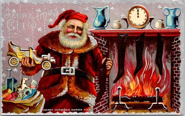 1919 SANTA Putting a Toy Car in a Stocking, CHRISTMAS Greetings Postcard - 403