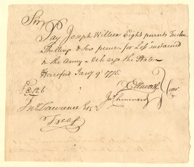 Oliver Ellsworth signed Revolutionary War Pay Order - Connecticut Revolutionary