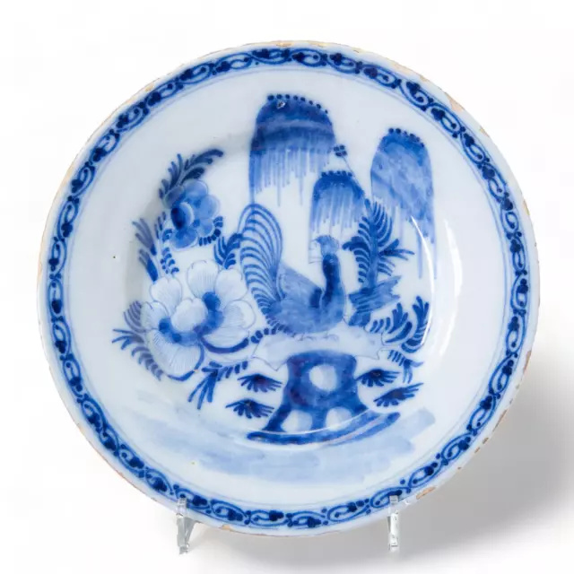 Nice Dutch Delft Blue plate, cockerel, 18th century.