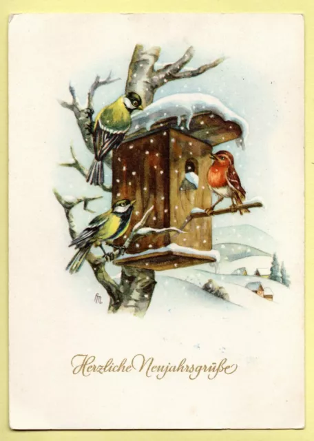 Alte AK Postkarte H.Manßhardt Vögel am Vogelhaus... DDR Neujahr  50er Rar!