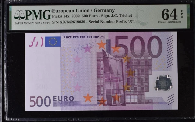 Ch UNC 500 Euro Germany European Union 2002 Trichet P-14x R013A1 PMG 64EPQ X076
