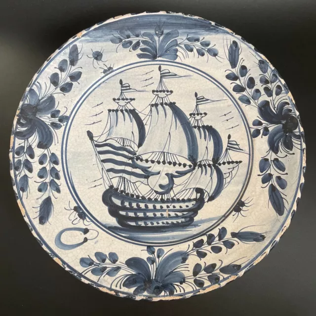 Antique Mid 18th Century Tin Glazed Delft Galleon Sailing Ship 14" Large Plate